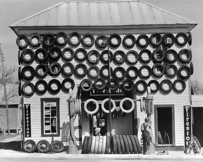 Framed Print : Exterior of Gas Station Decorated with Tires Framed Print : Exterior of Gas Station Decorated with Tires