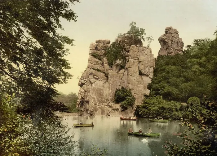 Framed Print : The Externsteine near Detmold, North Rhine-Westphalia, c. 1890, Germany, Historic, digitally restored reproduction from a 19th century original Framed Print : The Externsteine near Detmold, North Rhine-Westphalia, c. 1890, Germany, Historic, digitally restored reproduction from a 19th century original