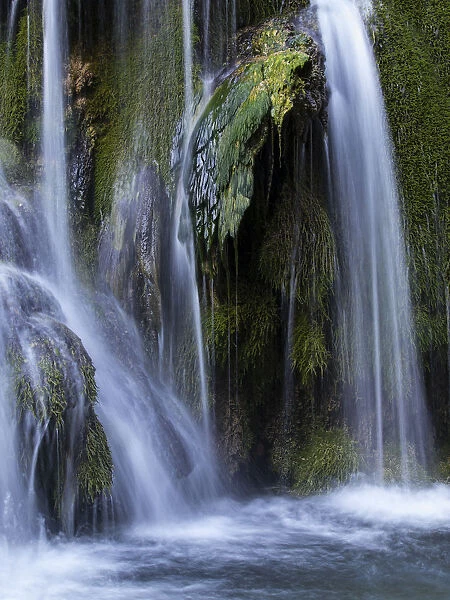 Extreme silky water jets in a waterfall with moss