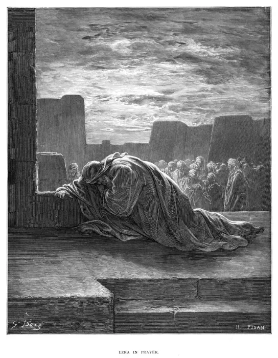 Framed Print : Ezra in prayer engraving 1870 Framed Print : Ezra in prayer engraving 1870