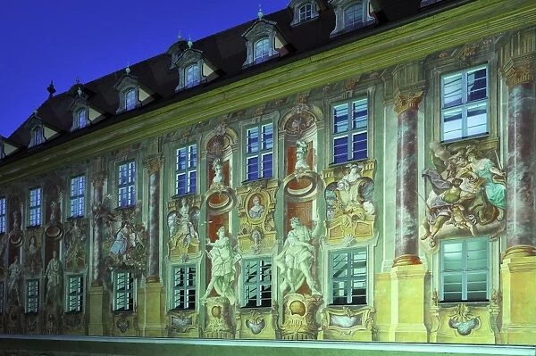 Facade of the Old Town Hall in the evening light, with frescoes from 1755 by the artist Johann Anwander, 1715-1770, Obere Brucke 1, Altstadt, Bamberg, Upper Franconia, Bavaria, Germany