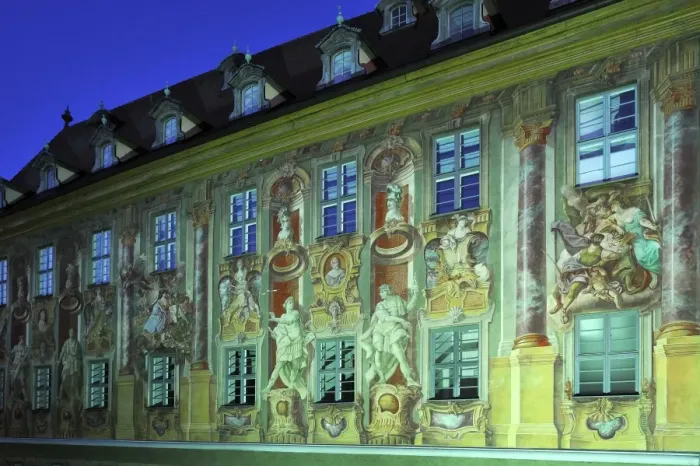Framed Print : Facade of the Old Town Hall in the evening light, with frescoes from 1755 by the artist Johann Anwander, 1715-1770, Obere Brucke 1, Altstadt, Bamberg, Upper Franconia, Bavaria, Germany Framed Print : Facade of the Old Town Hall in the evening light, with frescoes from 1755 by the artist Johann Anwander, 1715-1770, Obere Brucke 1, Altstadt, Bamberg, Upper Franconia, Bavaria, Germany