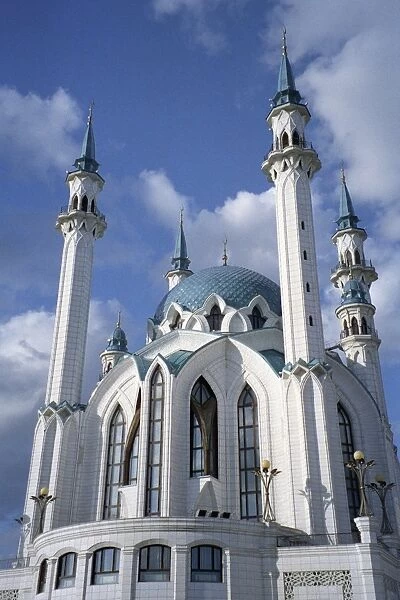 Facade of Qolsharif Mosque against cloudy sky in Kazan Kremlin, Russia