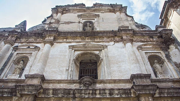 Facade of ruins of Convento de San Agustin (San Agustin Church) in Antigua Guatemala