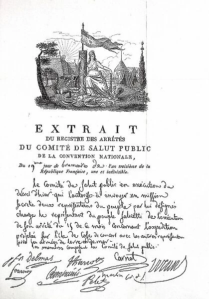 Facsimile of a decree of the Welfare Committee, this was established by the National Convention on 5 and 6 April 1793 during the French Revolution as the Committee of Public Welfare and General Defence
