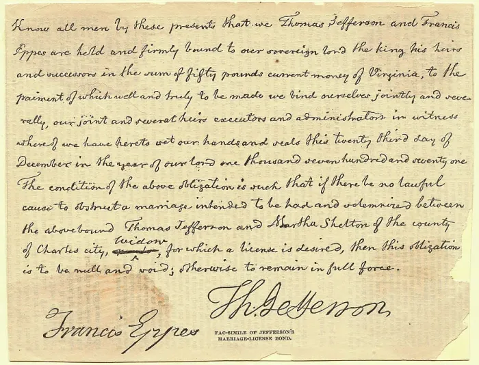 Framed Print : Facsimile of Marriage License Bond of Thomas Jefferson to Martha Shelton Framed Print : Facsimile of Marriage License Bond of Thomas Jefferson to Martha Shelton
