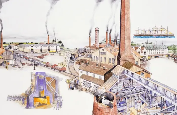 Framed Print : Factories, with tall chimneys billowing pollutants