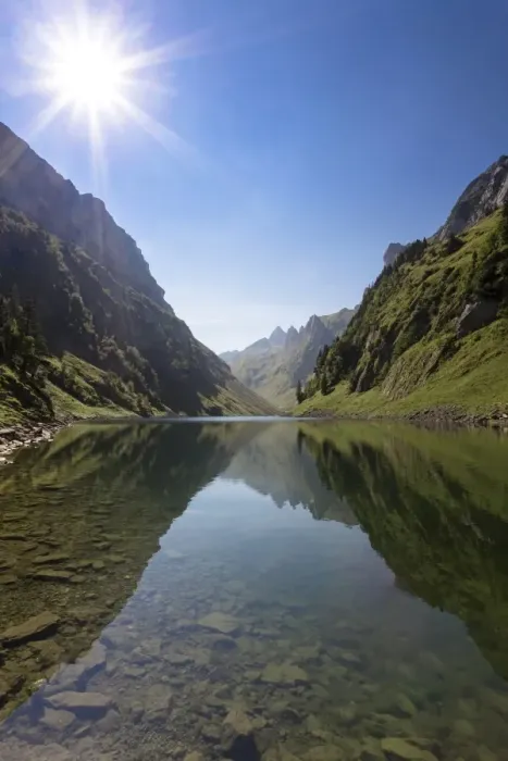 Framed Print : Faehlensee lake with the sun in Alpstein Range, Appenzell, Switzerland, Europe Framed Print : Faehlensee lake with the sun in Alpstein Range, Appenzell, Switzerland, Europe