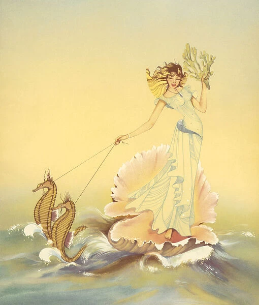 Fairy Riding a Seashell with Seahorses