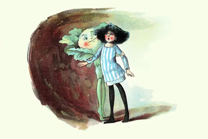 Framed Print : Fairy tale, Little girl in a magical world with a vegetable man, The Vege-men's revenge, children's book illustration, Florence K Upton, 1890s