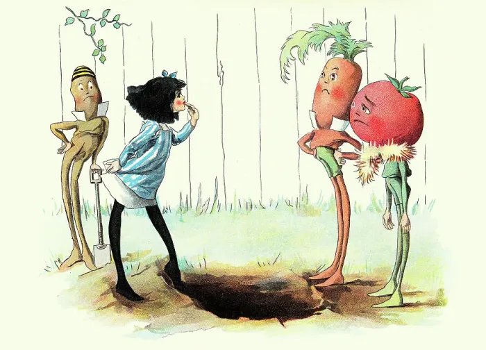 Framed Print : Fairy tale, Little girl talking to vegetable men, Carrot, Tomato, Runner bean, The Vege-men's revenge, children's book illustration, Florence K Upton, 1890s Framed Print : Fairy tale, Little girl talking to vegetable men, Carrot, Tomato, Runner bean, The Vege-men's revenge, children's book illustration, Florence K Upton, 1890s