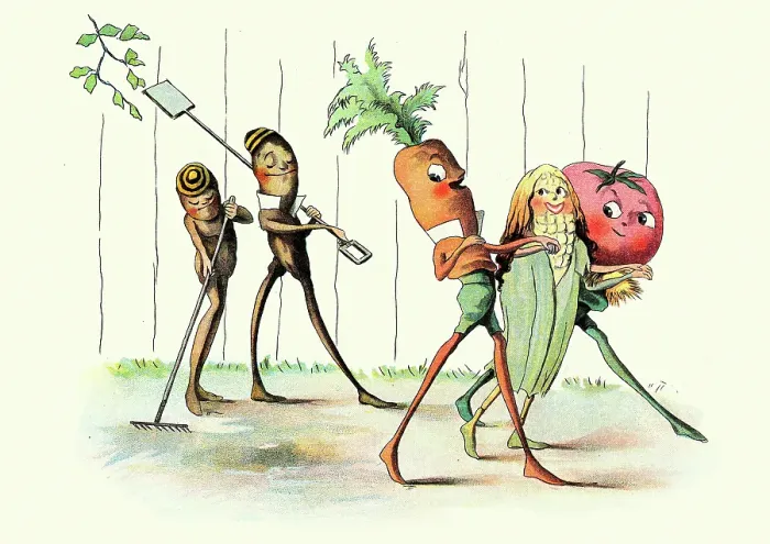 Framed Print : Fairy tale, Magical creatures, Runner bean, Carrot, Corn on cob, Tomato, The Vege-men's revenge, children's book illustration, Florence K Upton, 1890s Framed Print : Fairy tale, Magical creatures, Runner bean, Carrot, Corn on cob, Tomato, The Vege-men's revenge, children's book illustration, Florence K Upton, 1890s