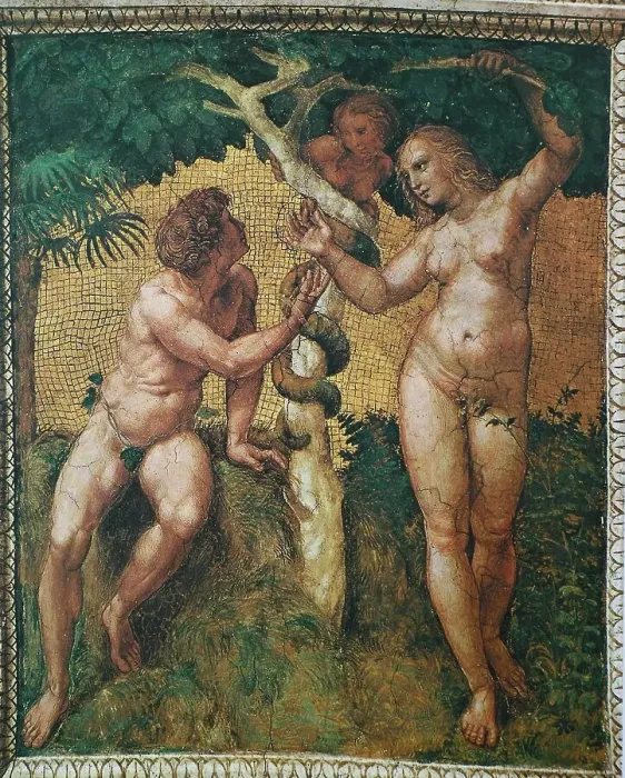 Framed Print : The Fall of Man, fresco in the Vatican, by Raffaello Sanzio da Urbino, also Raffael da Urbino, Raffaello Santi, Raffaello Sanzio, Raphael, Italian painter, Italy, digitally restored reproduction of a work of art (public domain) from c. 1500 Framed Print : The Fall of Man, fresco in the Vatican, by Raffaello Sanzio da Urbino, also Raffael da Urbino, Raffaello Santi, Raffaello Sanzio, Raphael, Italian painter, Italy, digitally restored reproduction of a work of art (public domain) from c. 1500