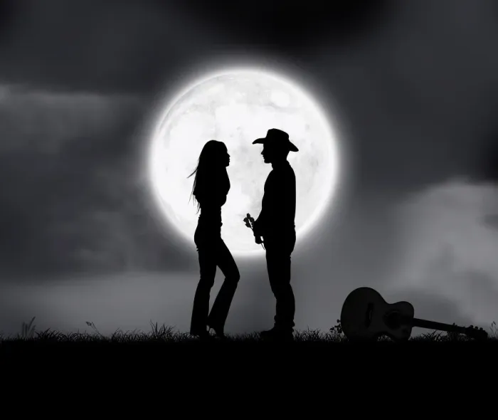 Framed Print : Falling in love couple dating in full moon night Framed Print : Falling in love couple dating in full moon night