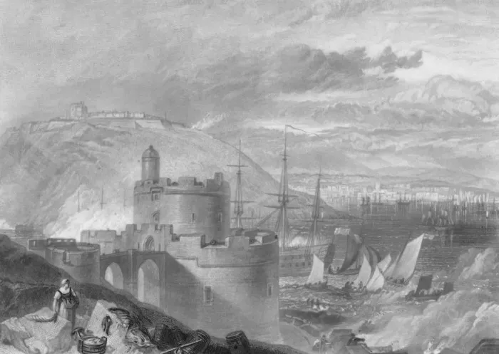 Framed Print : Falmouth, Cornwall, circa 1800. Engraving by Thomas Lupton after a drawing by J Framed Print : Falmouth, Cornwall, circa 1800. Engraving by Thomas Lupton after a drawing by J