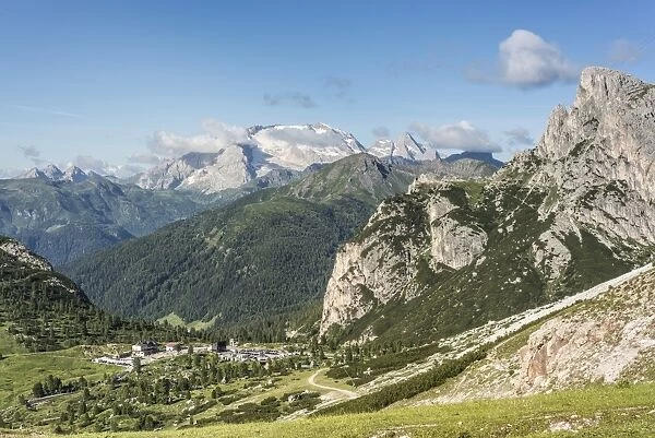 Falzarego Pass with Sasso di Stria, Col di Lana at the back, World War I Memorial, the Marmolada massif behind, Cortina dAmpezzo, Veneto, Italy