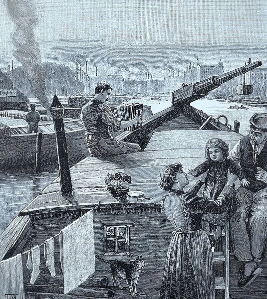 Family on a barge on the Spree off Berlin, Germany, skipper, Historic, digital reproduction of an original 19th century painting