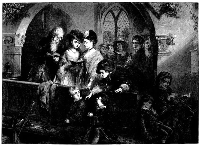 Framed Print : Family in church at Christmas - The Illustrated London News