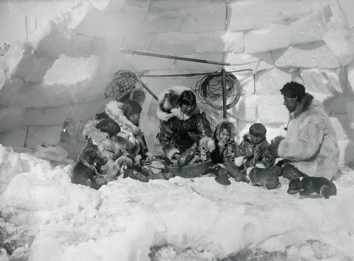 Framed Print : Family of Eskimos in Igloo Framed Print : Family of Eskimos in Igloo