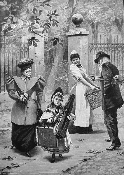 Family of musicians walking in the city _ 1895