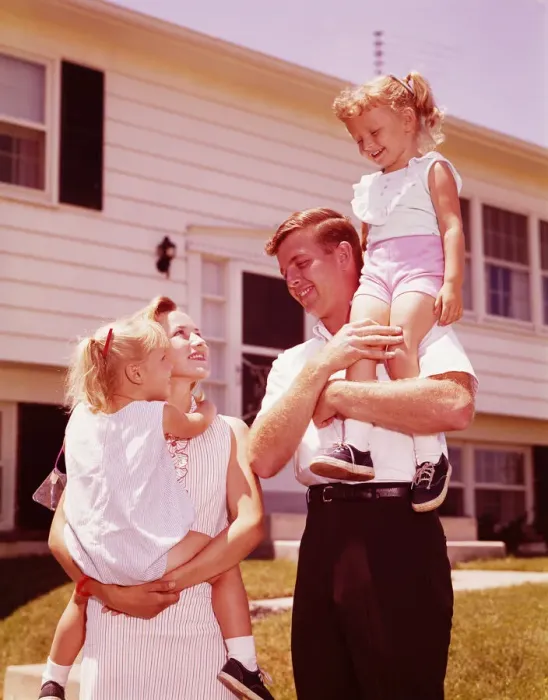 Framed Print : Family outside suburban home. (Photo by H. Armstrong Roberts / Retrofile / Getty Images) Framed Print : Family outside suburban home. (Photo by H. Armstrong Roberts / Retrofile / Getty Images)