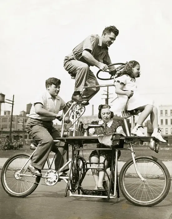 Framed Print : Family on Four Position Bicycle Framed Print : Family on Four Position Bicycle