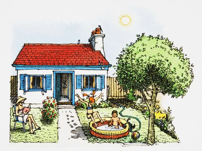 Framed Print : Family scene on hot summer day in garden, with children playing in paddling pool, parent reading book, and cottage-style house in background