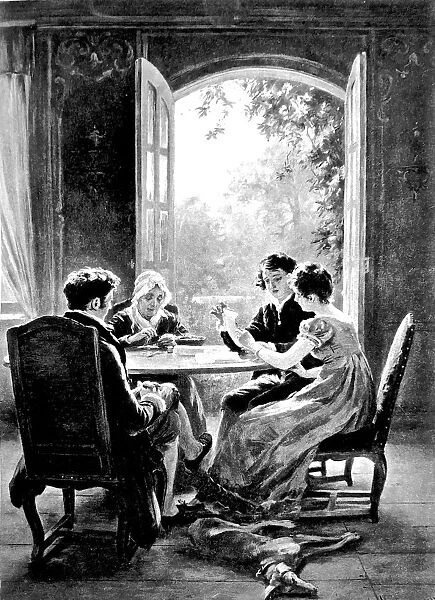 Family sitting around round table talking and relaxing, open window, garden outside