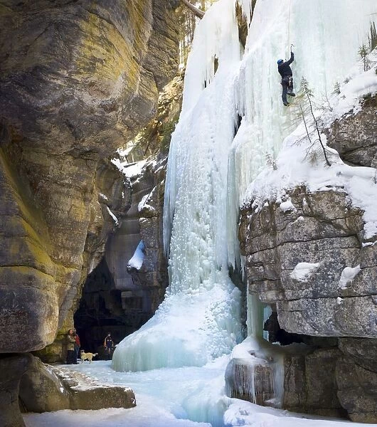 Family watching an ice climber on a frozen waterfall, Jasper National Park, Alberta, Canada
