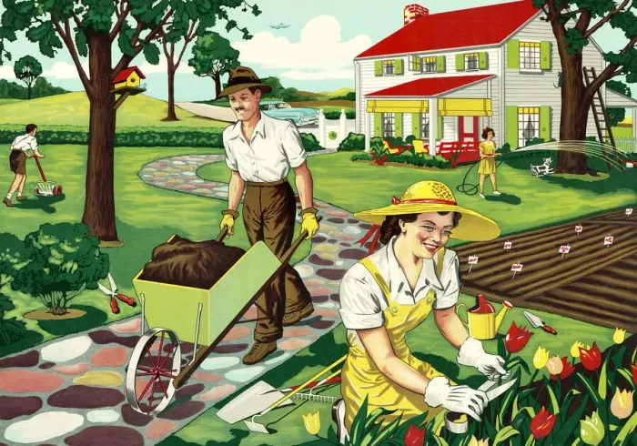 Framed Print : Family Working in the Yard Framed Print : Family Working in the Yard