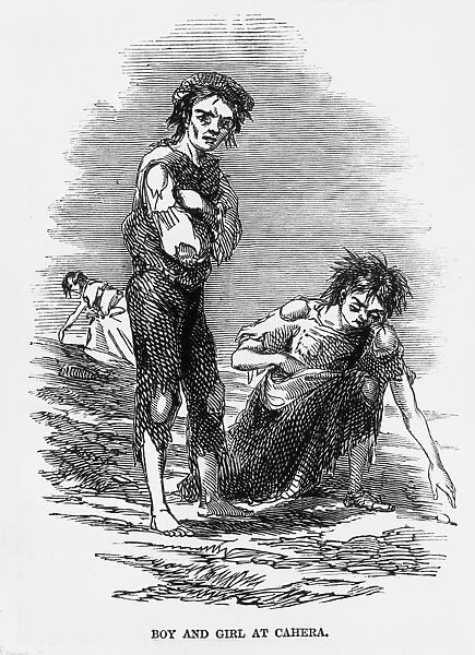 Famished. 1846: A starving boy and girl rake the ground for potatoes at