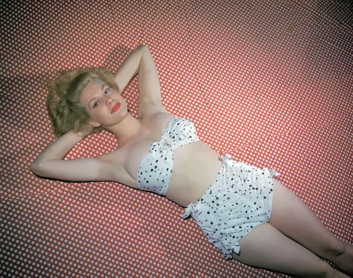Framed Print : Famous Model Chili Williams Wearing Polka Dot Bikini and Lying on Dotted Red and White Fabric Framed Print : Famous Model Chili Williams Wearing Polka Dot Bikini and Lying on Dotted Red and White Fabric