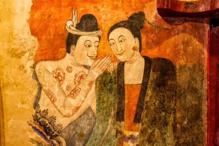 Framed Print : The famous mural painting walls in Wat Phumin, Nan province of Thailand Framed Print : The famous mural painting walls in Wat Phumin, Nan province of Thailand