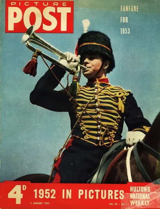 Framed Print : Fanfare. 3rd January 1953: A mounted Hussar in his distinctive uniform blowing a trumpet Framed Print : Fanfare. 3rd January 1953: A mounted Hussar in his distinctive uniform blowing a trumpet