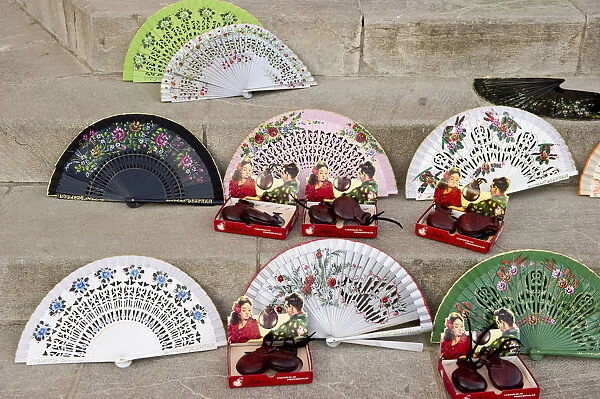 Fans and castanets on the Plaza de Espana, Seville, Andalucia, Spain, Europe