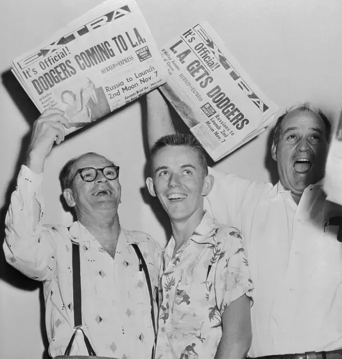 Framed Print : Three Fans Holding Newspapers with Dodgers Headline Framed Print : Three Fans Holding Newspapers with Dodgers Headline