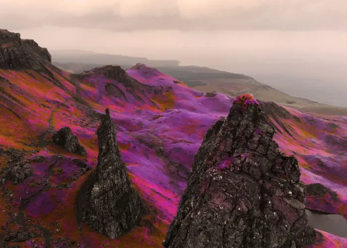 Framed Print : Fantasy aerial picture above the dramatic landscape with infrared colors in Scotland Framed Print : Fantasy aerial picture above the dramatic landscape with infrared colors in Scotland