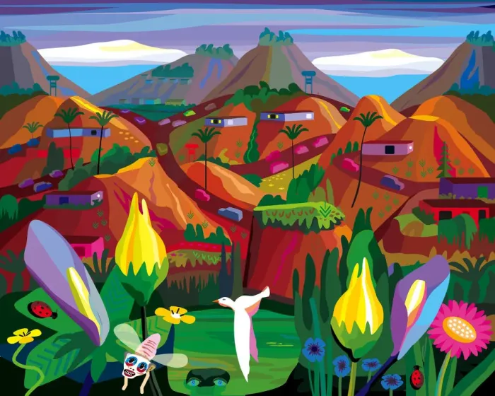 Framed Print : Fantasy Folk Art Landscape Illustration Framed Print : Fantasy Folk Art Landscape Illustration