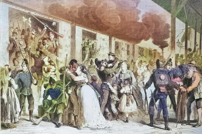 Framed Print : Farewell of Bavarian Landwehrleute in Munich, illustrated war chronicle 1870-1871, German-French campaign, Germany, France Framed Print : Farewell of Bavarian Landwehrleute in Munich, illustrated war chronicle 1870-1871, German-French campaign, Germany, France