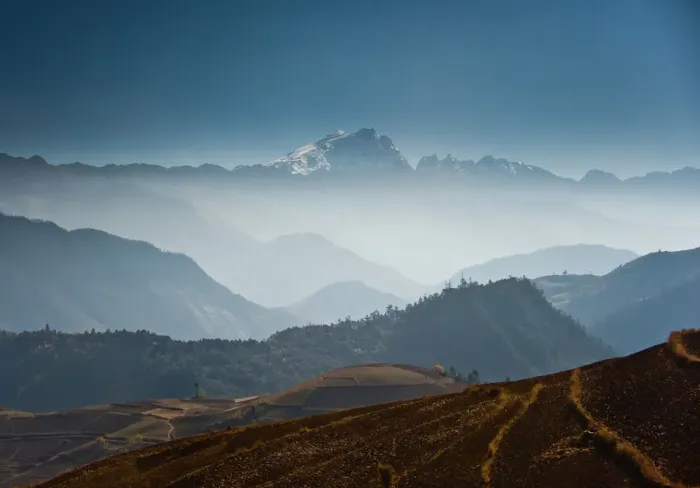 Framed Print : Farmland and Jade dragon snow mountain