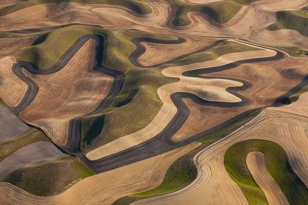 Farmland landscape, with ploughed fields and furrows in Palouse, Washington, USA. An aerial view with natural patterns