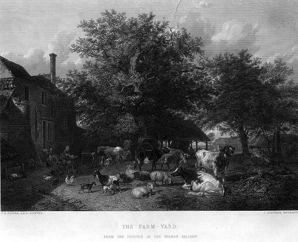 Farmyard. circa 1835: A farmyard filled with farm animals