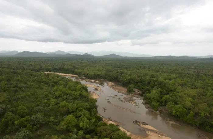 Framed Print : Faro river, located in the Faro-Lobeke hunting zone, looking north-eastwards towards mountains of the Adamawa Plateau (Massif de ), near to Faro National Park, Northern Cameroon