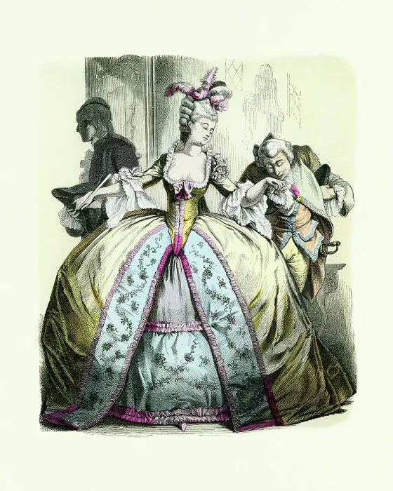 Framed Print : Fashion 18th Century, Noble woman in Pannier, man kissing hand Framed Print : Fashion 18th Century, Noble woman in Pannier, man kissing hand