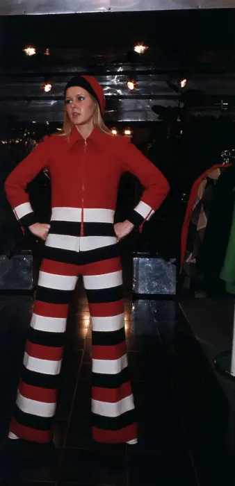 Framed Print : Fashion Model Wears Ted Lapidus Striped Pantsuit Framed Print : Fashion Model Wears Ted Lapidus Striped Pantsuit