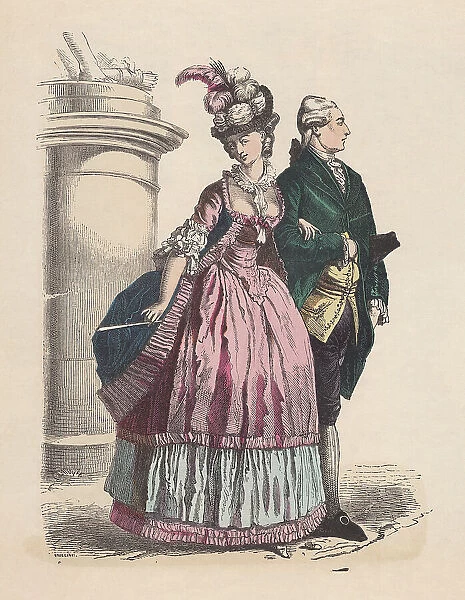 Fashion of nobility, Rococo era, hand-colored wood engraving, published c. 1880