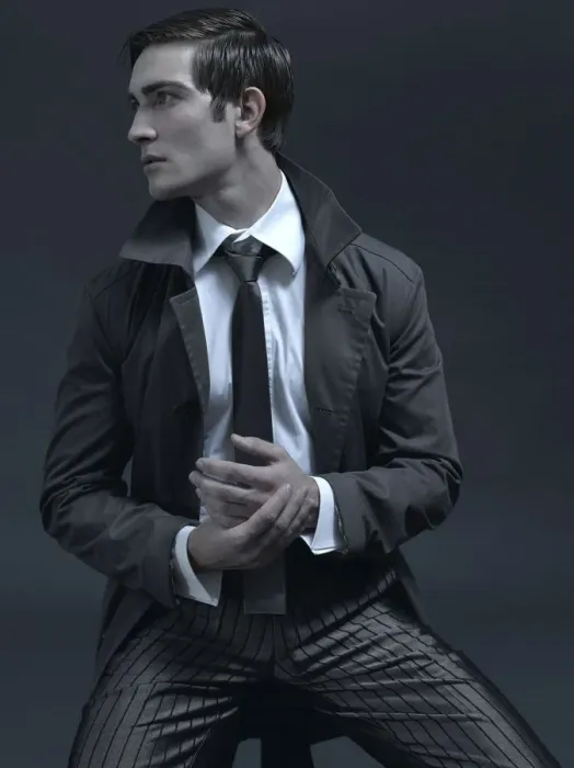 Framed Print : Fashion shot of a man in a suit and jacket, sitting on a stool Framed Print : Fashion shot of a man in a suit and jacket, sitting on a stool