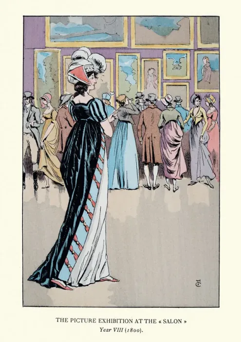 Framed Print : Fashionable young woman viewing art at the Salon, Paris, 1800 Framed Print : Fashionable young woman viewing art at the Salon, Paris, 1800