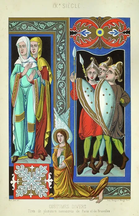 Framed Print : Fashions and costumes of the 9th Century, Women, Soliders, warriors armed with spears and shields, 9th Century