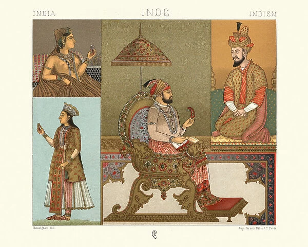 Fashions of Mughal empire, Indian, Women, Man on golden throne
